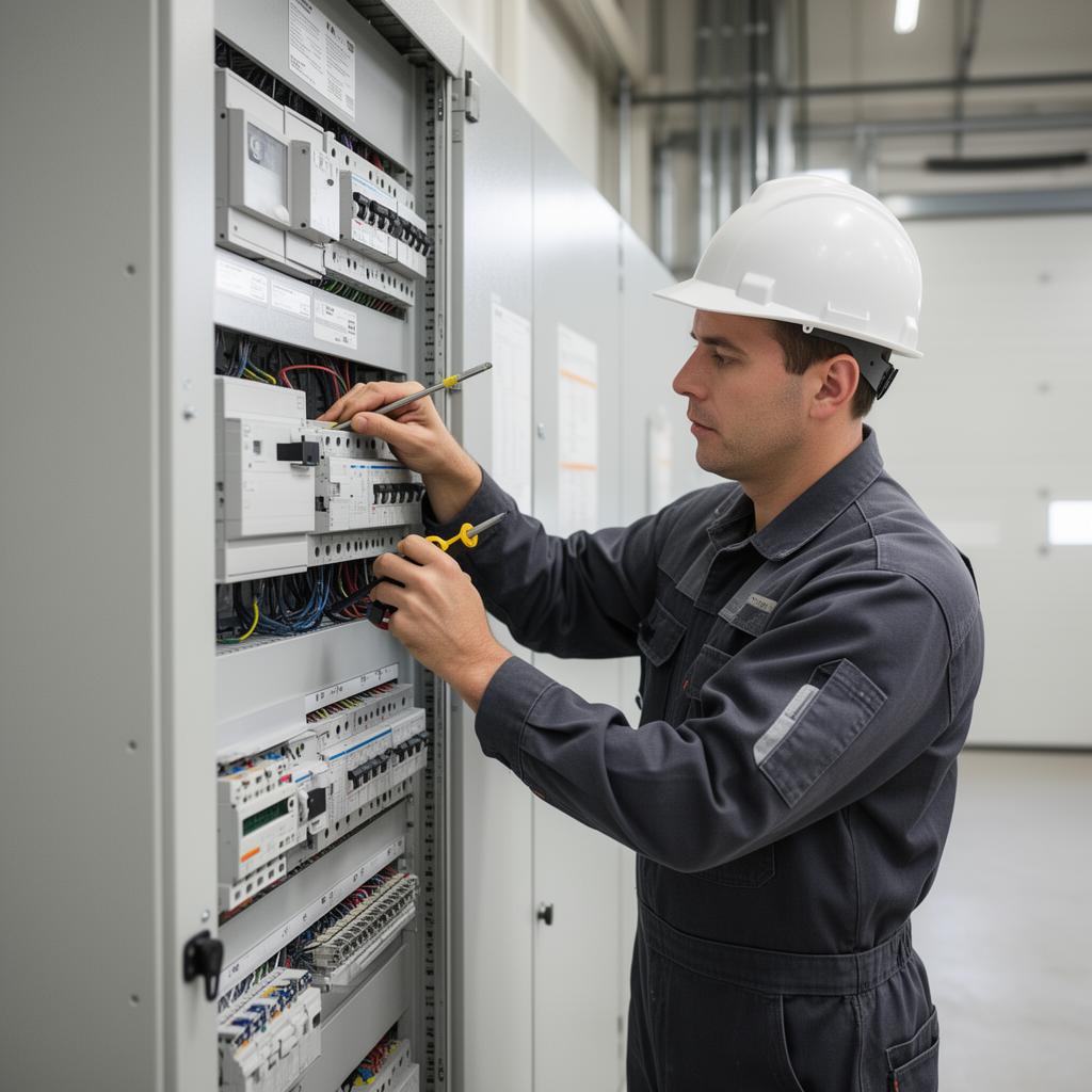 Bolt Corporation electrician working on a commercial electrical panel in Calgary